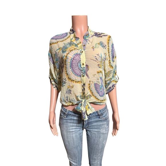 Pulp multi color button down tie front abstract 3/4 sleeve mandarin collar top M - Picture 1 of 6